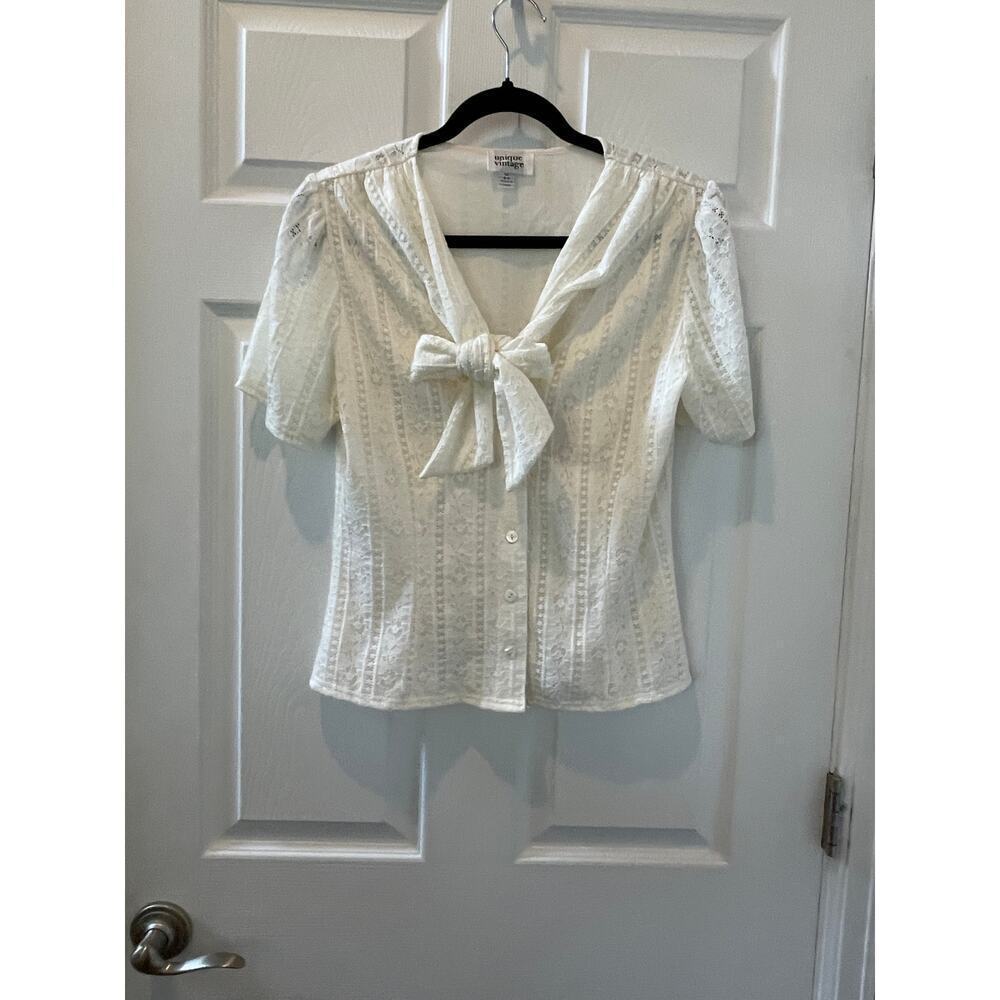 Unique Vintage Knit Lace Tie Button Up Top Sz Sm 1X #